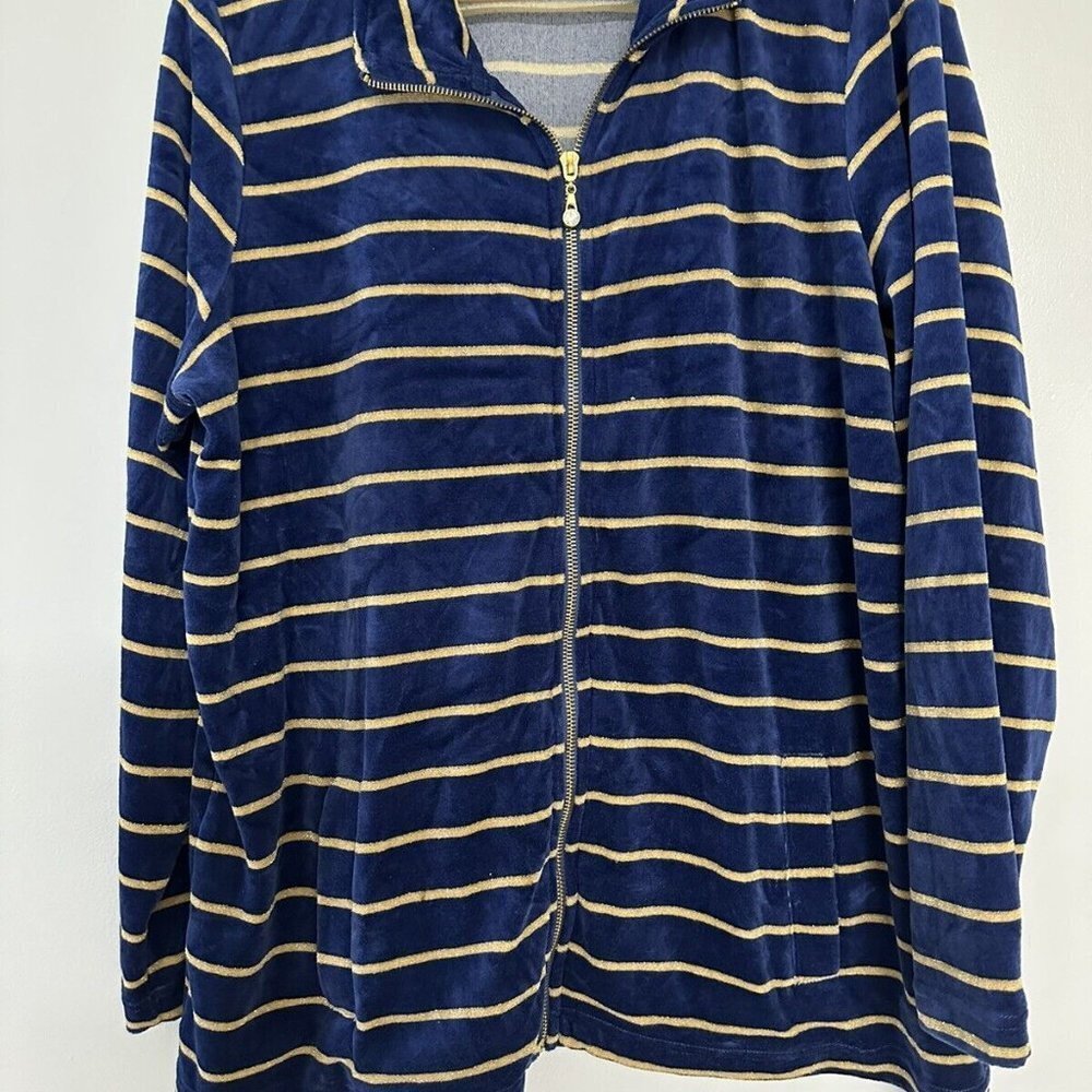 Quacker‎ Factory Navy Striped Women's Lurex Knit Velvet Zip Front Jacket Size L